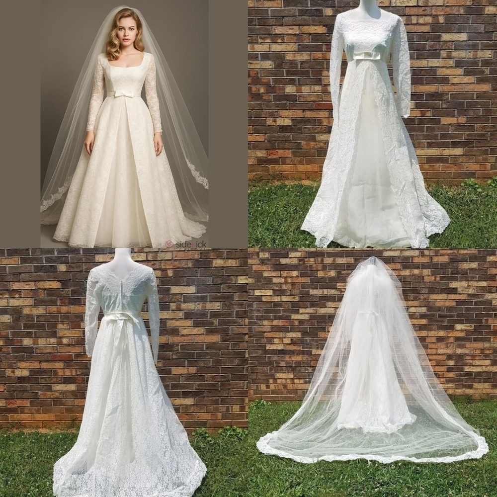Handmade 1950s Vintage Cream Lace Long Sleeve Wedding Dress Tiered Veil Set L